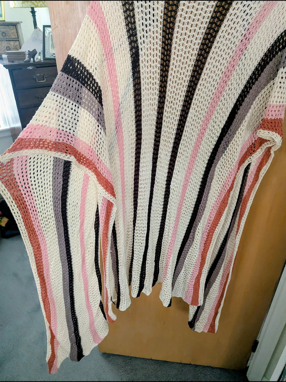 House of Harlow 1960 Open-Knit Striped Poncho - Cream, Pink, Brown, Rust